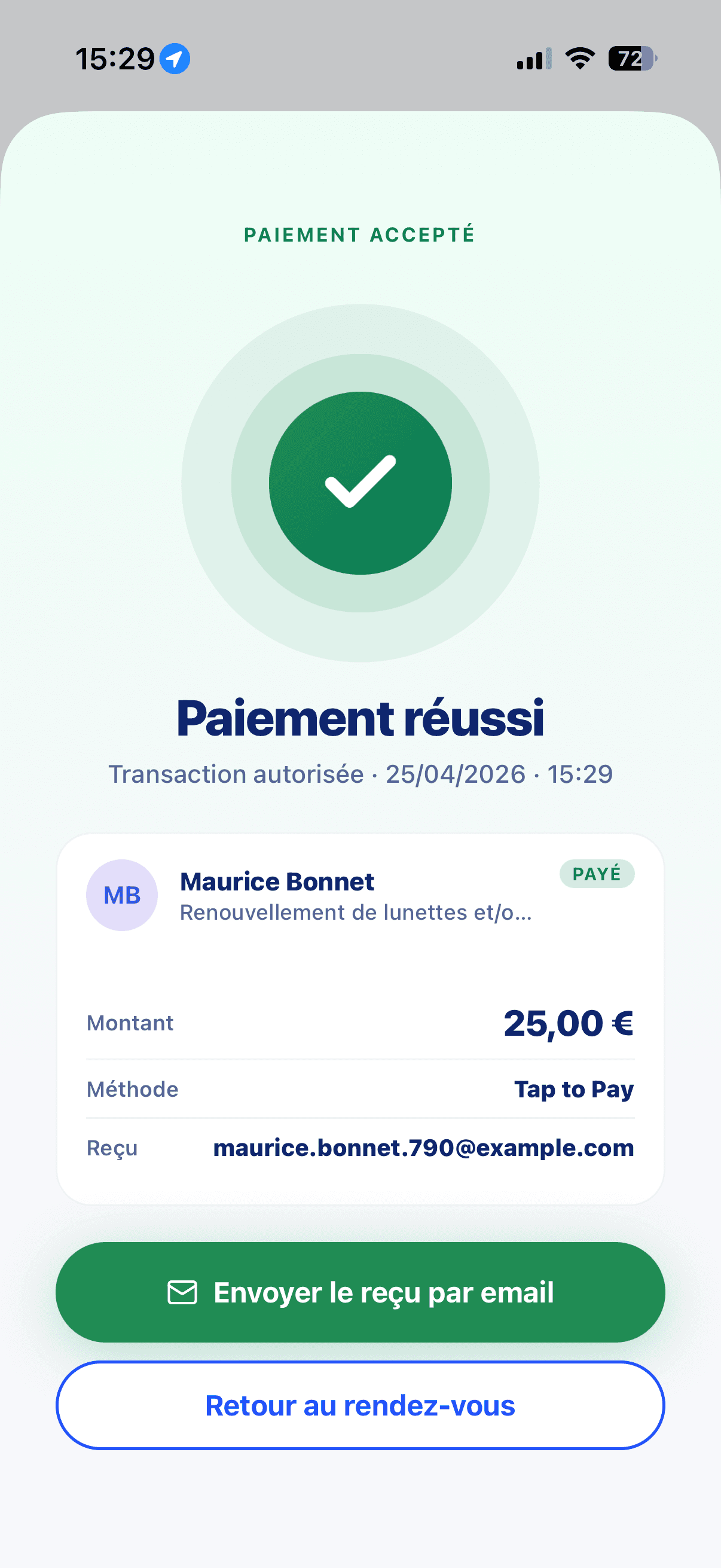 HerVé — Paiement réussi en Tap to Pay