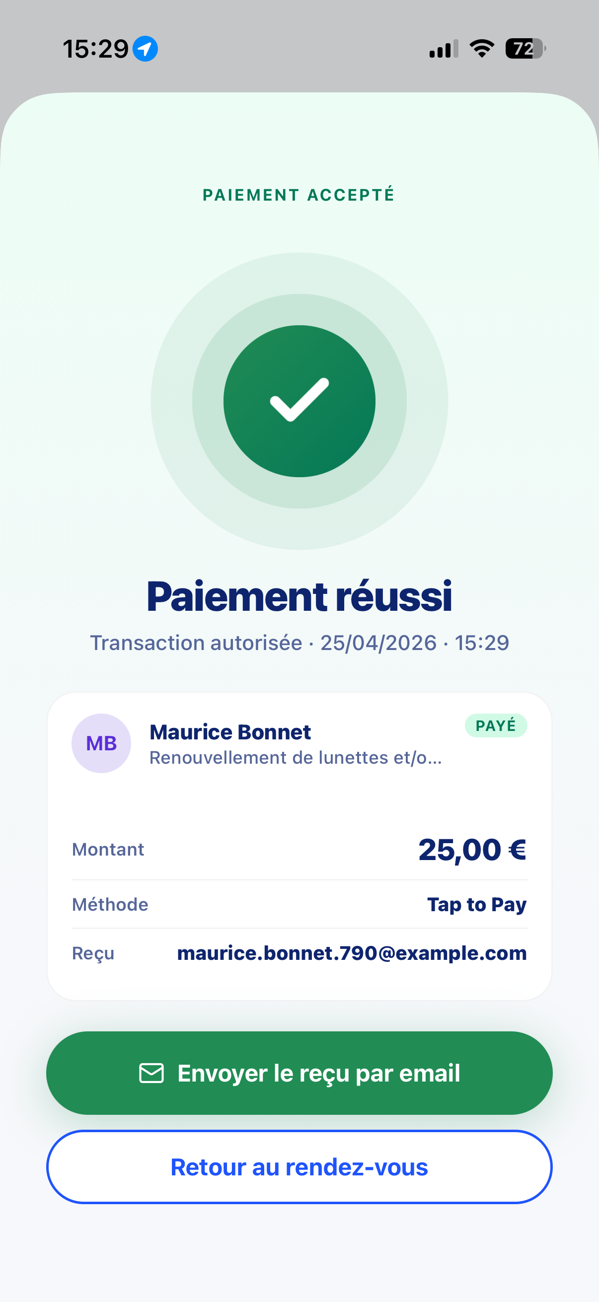 HerVé — Paiement réussi en Tap to Pay
